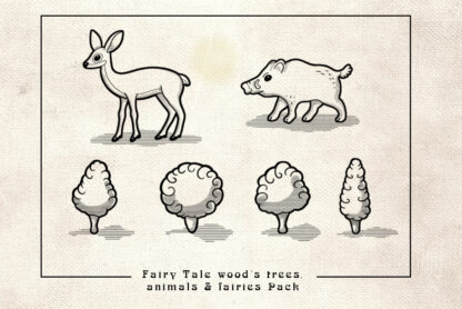 list of deer, boar and fairy tale trees fantasy map assets, photoshop brushes