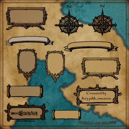 List of conan inspired banners, cartouches and compass roses for fantasy map, assets and resources