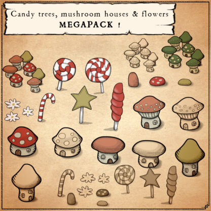list of candies and mushrooms houses for fantasy map