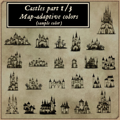 castles and fortresses fantasy map assets, antique cartography