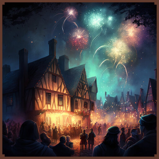 Illustration of a fantasy medieval town square with lot of people and fireworks