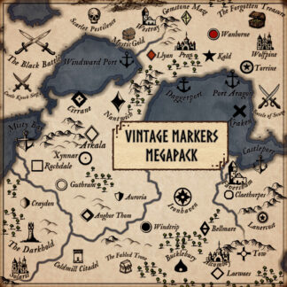 Presentation of vintage generic markers and landmarks like cities and battles for fantasy map