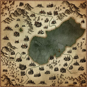 fantasy map with town and city assets and resources, antique cartography