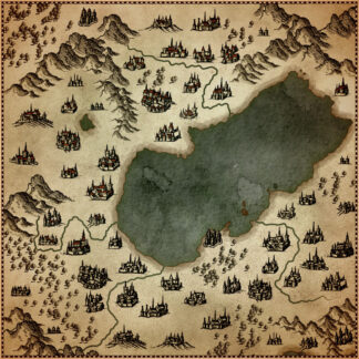 fantasy map with town and city assets and resources, antique cartography