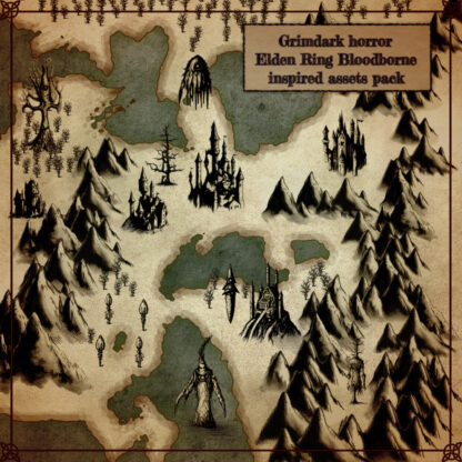fantasy map with grimdark and dark fantasy map assets like towns, trees and mountains