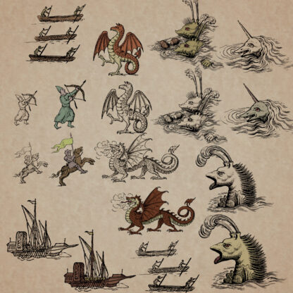 dragon and beast fantasy map assets, antique cartography resources