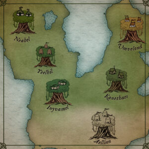 elven with tree houses fantasy map assets, antique cartography