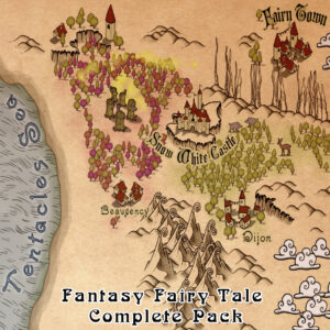 fairy tale fantasy map with settlement, terrain and tree assets, fantasy cartography resources