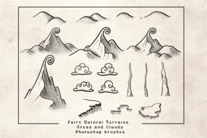 list of fairy tale mountains, clouds, cliffs and hills fantasy map assets, photoshop brushes