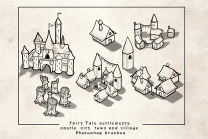 list of fairy tale towns, cities, hamlets, towers and castles fantasy map assets, photoshop brushes