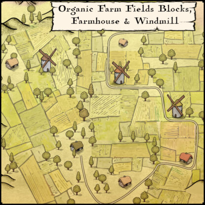 cover of a fantasy map assets pack with windmills, farms and farm fields, cartography resources