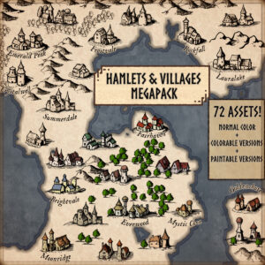 Presentation of villages, towns and hamlets fantasy map assets pack, resources