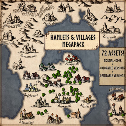 Presentation of villages, towns and hamlets fantasy map assets pack, resources