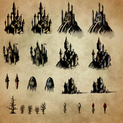 List of grimdark themed monsters and cities fantasy map assets, antique cartography