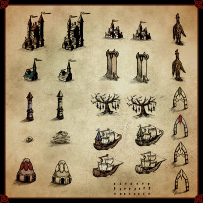 list of lovecraftian dark fantasy map assets, towns, fortresses, trees, arks