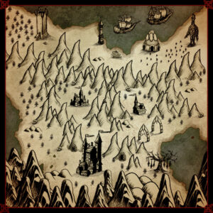 grimdark horror fantasy map with mountains and towns assets resources, old cartography