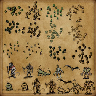 List of monsters and trees fantasy map assets