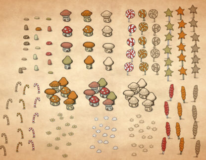 list of candy assets and fungi mushrooms assets and flower assets and flower assets for fantasy map