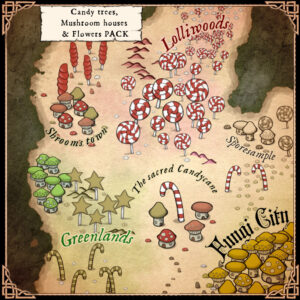 fantasy map with mushroom towns, flowers and candy woods assets and resources, fantasy cartography