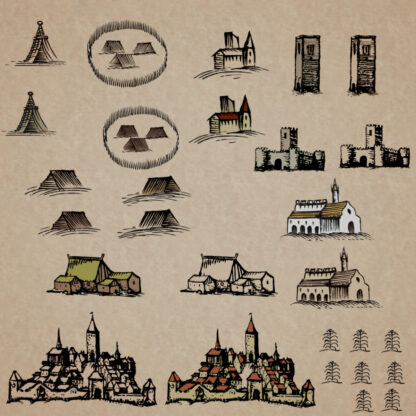 Skyrim inspired settlements and towns fantasy map assets, antique cartography resources