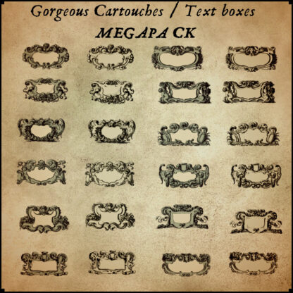list of vintage antique cartouches fantasy map assets, old cartography resources