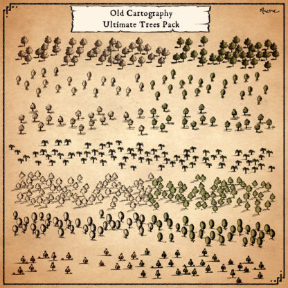 list of antique tree assets for fantasy map, antique cartography, wonderdraft