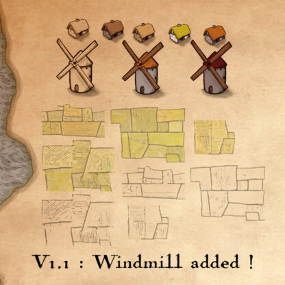 list of windmills, farms, and fields, crops fantasy map assets, cartography resources