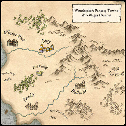 fantasy map with towns assets and resources, fantasy cartography