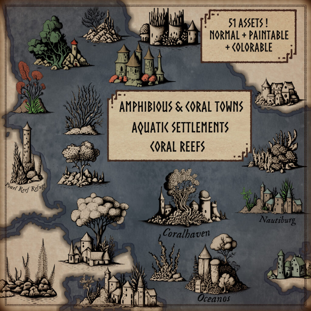 Coral towns, Aquatic settlements, and Coral Reefs assets