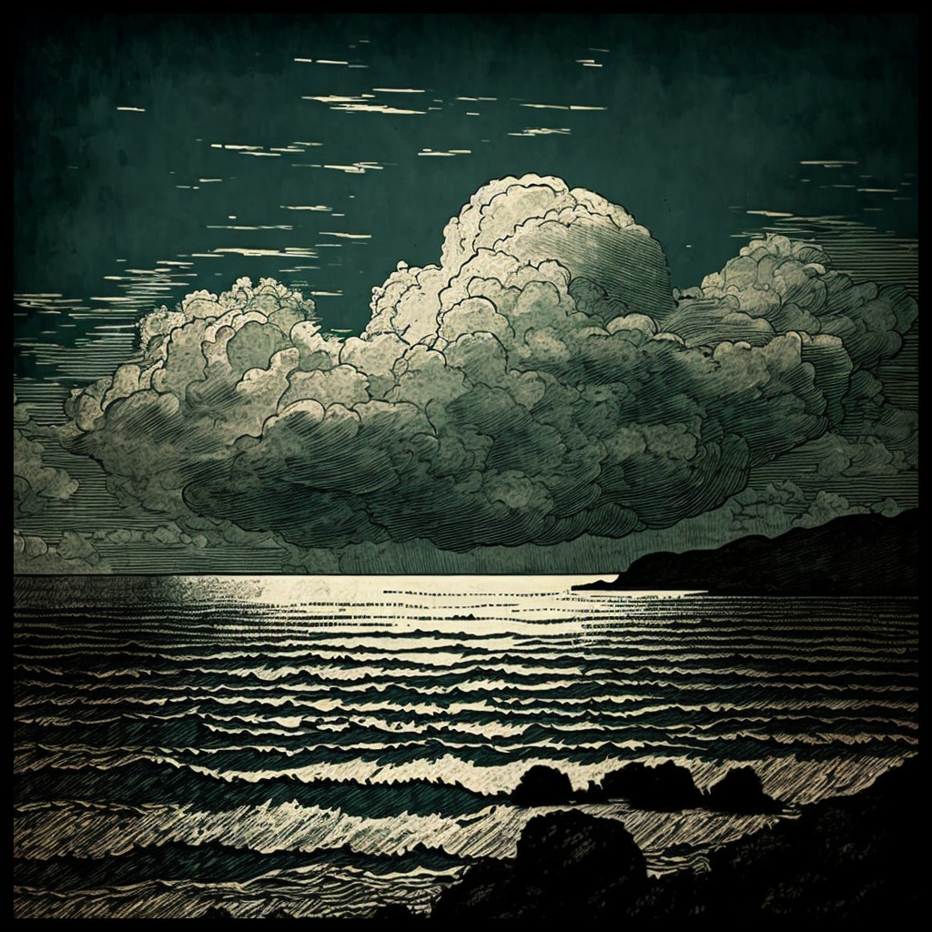 etching illustration of clouds and sea at night