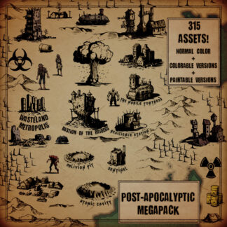 Fantasy map with post apocalyptic elements assets like nuclear explosion, bunkers, raiders camps, ruined cities
