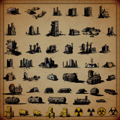 list of post-apocalyptic fantasy map assets and elements, buildings, skycrapers, bunkers, icons, camps