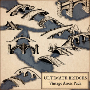 fantasy map with bridge and aqueduct assets, old cartography, vintage style for wonderdraft