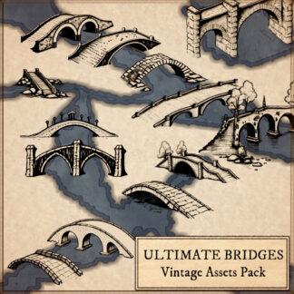 fantasy map with bridge and aqueduct assets, old cartography, vintage style for wonderdraft