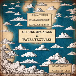 presentation of fantasy map assets pack with a water map and bunch of clouds