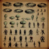 list of post-apocalyptic fantasy map assets and elements, explosions, ghouls, mutants, craters