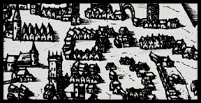 illustration, medieval isometric representation of a town, sepia old style
