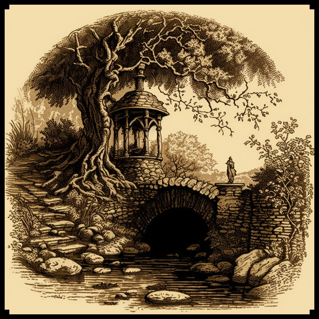 sepia etching illustration of a medieval fantasy bridge and well, old cartography, antique style