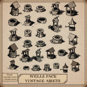 List of 15 illustrations of wells assets for fantasy mapping, antique cartography.