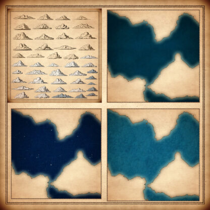 4 maps with different water textures and list of fantasy map clouds
