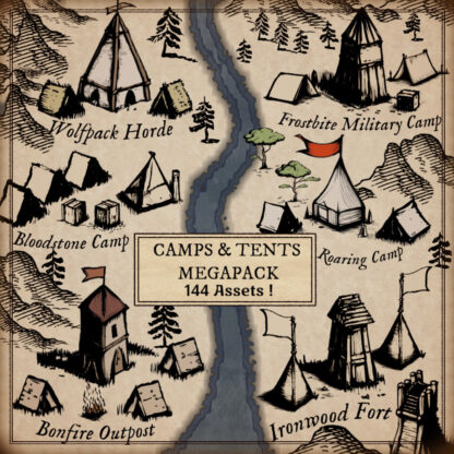 fantasy map with cartography assets, camps, tents, outposts and watchtower map resources