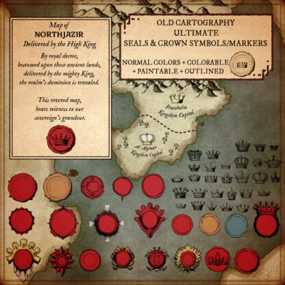 fantasy map assets of royal wax seals and crown symbols, cartography assets