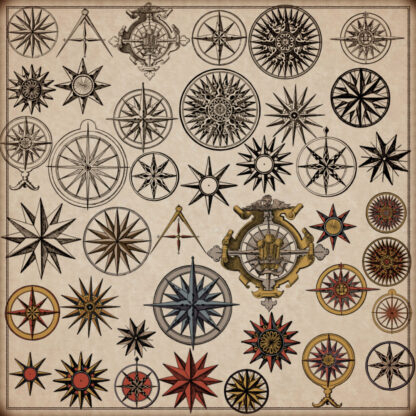 collection of antique compass roses symbols and assets, cartography assets for Wonderdraft