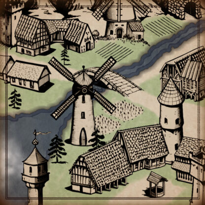 fantasy map made with wonderdraft assets and resources, antique cartography, buildings, houses medieval, windmill, farmfields
