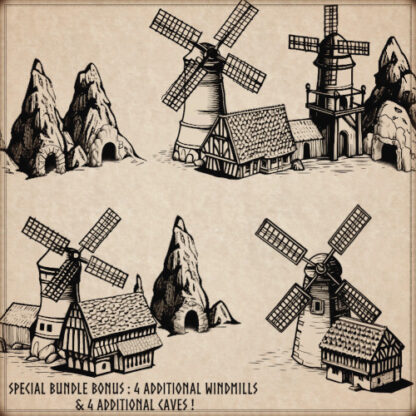 caves and windmills regional fantasy map assets, antique cartography symbols