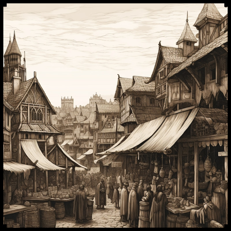 sepia etching illustration of a medieval market for wonderaft map assets, old cartography assets