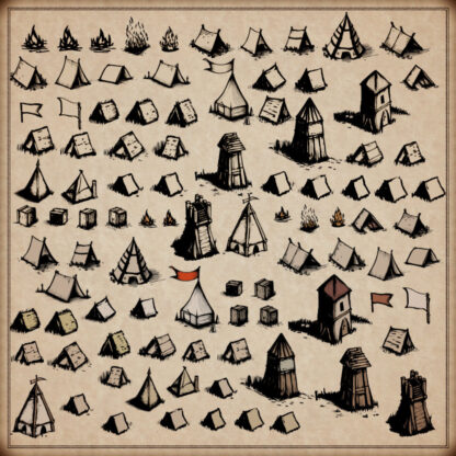 List of watchtowers, bandit camps, medieval military tents and encampments vintage map assets