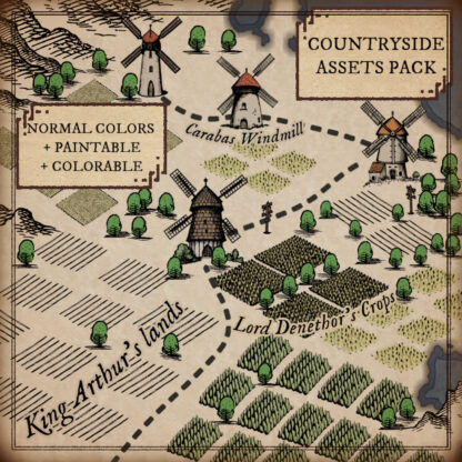 Fantasy map from wonderdraft with windmills, crops, plantations and farmland assets, antique cartography