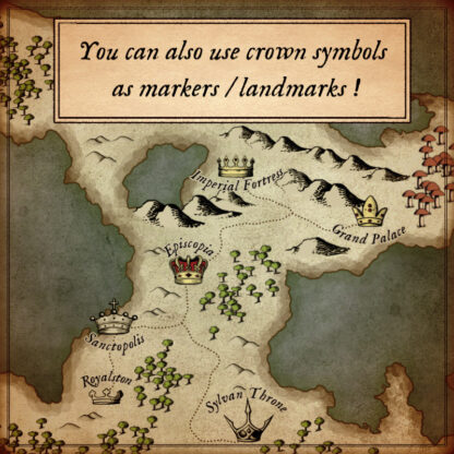 fantasy map with crown symbols, landmarks and markers, wonderdraft assets