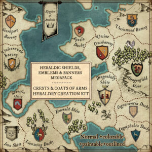 fantasy map with kingdoms and empires, heraldry emblems and coats of arms, wonderdraft assets